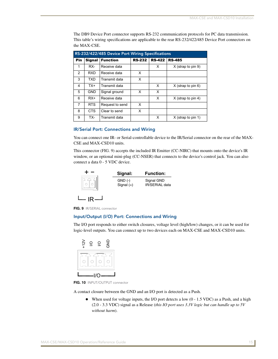 Ir/serial port: connections and wiring, Input/output (i/o) port: connections and wiring | AMX MAX-CSE User Manual | Page 21 / 110
