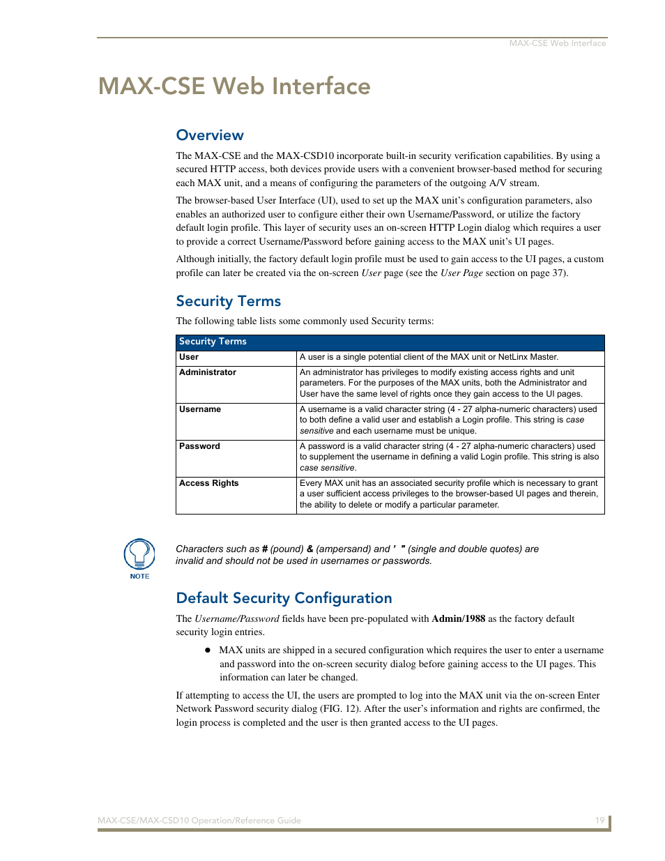 Max-cse web interface, Overview, Security terms | Default security configuration | AMX MAX-CSE User Manual | Page 25 / 110