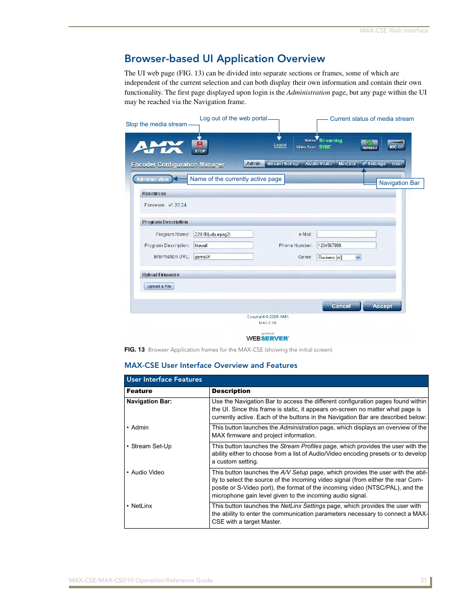 Browser-based ui application overview, Max-cse user interface overview and features | AMX MAX-CSE User Manual | Page 27 / 110