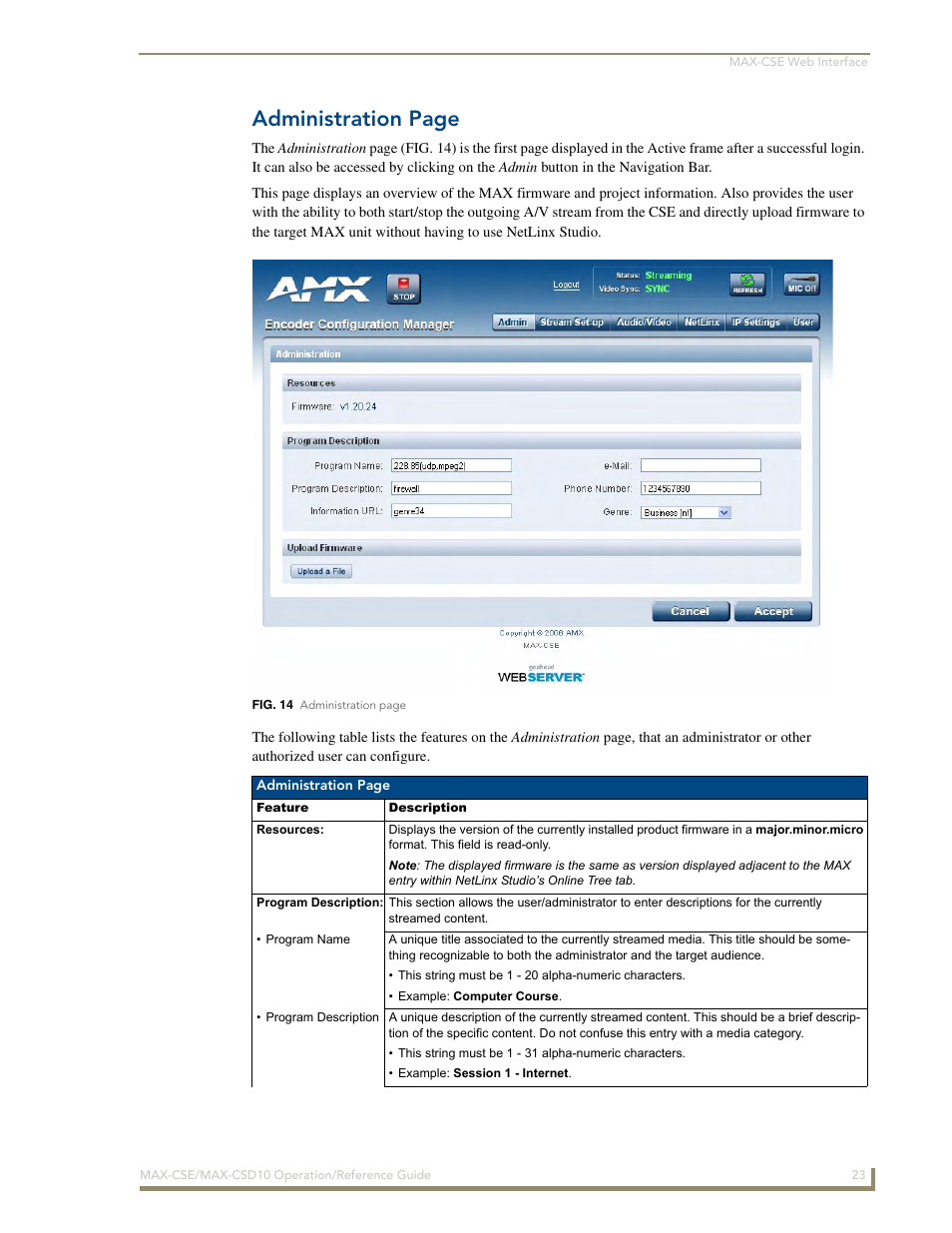 Administration page | AMX MAX-CSE User Manual | Page 29 / 110