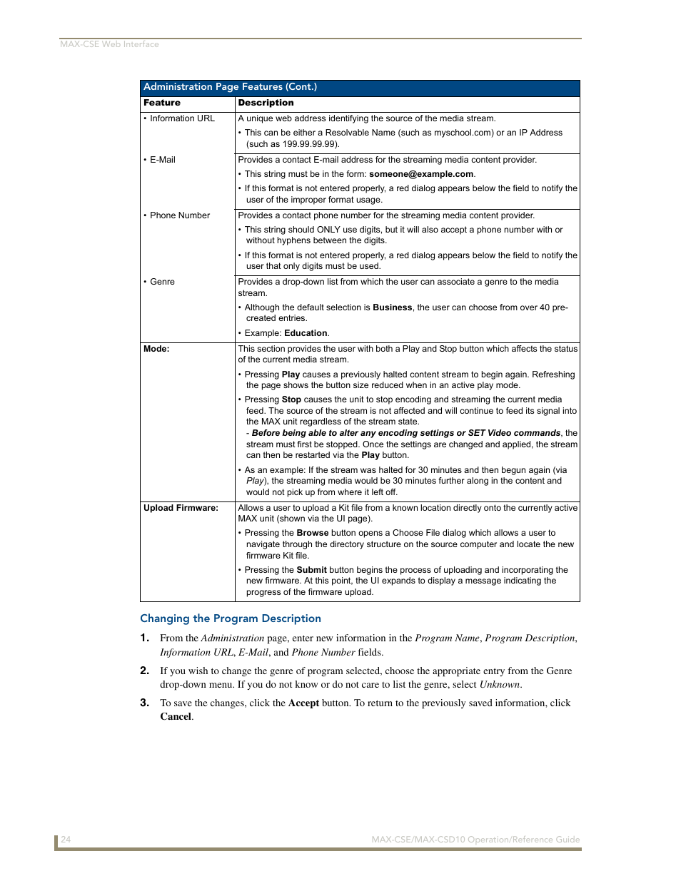 Changing the program description | AMX MAX-CSE User Manual | Page 30 / 110