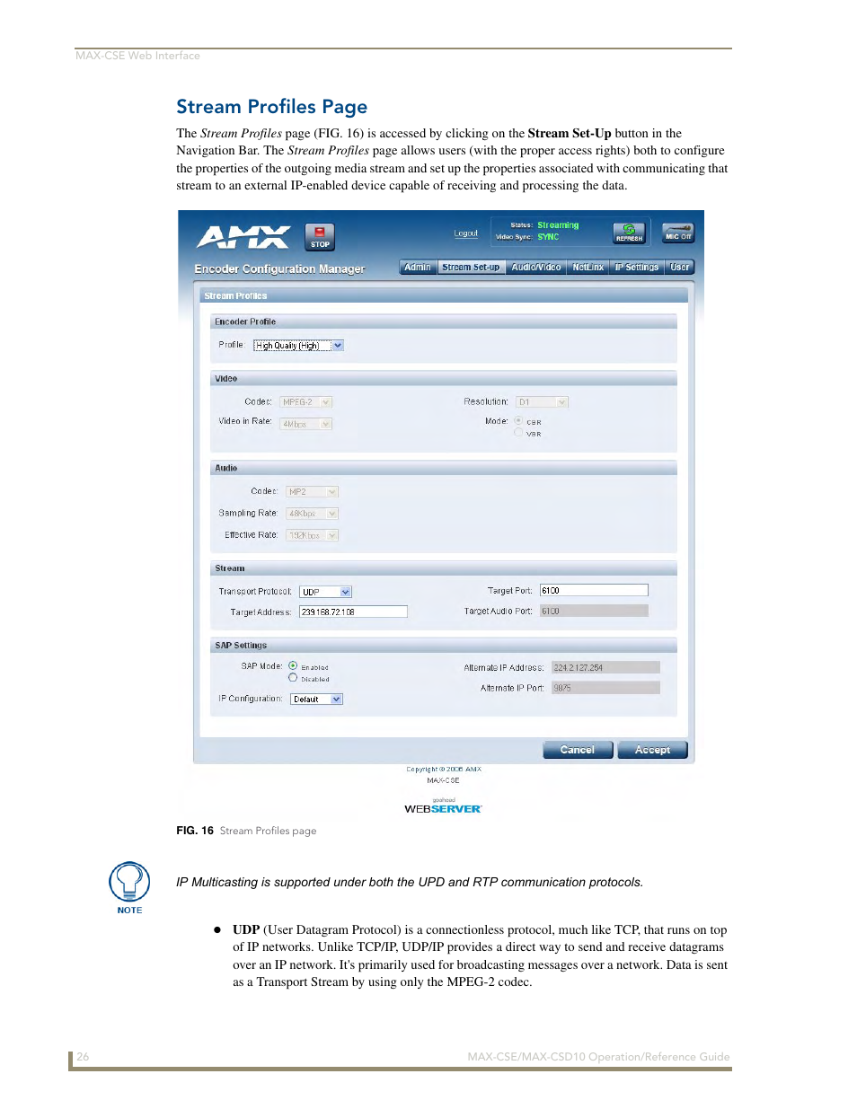 Stream profiles page | AMX MAX-CSE User Manual | Page 32 / 110