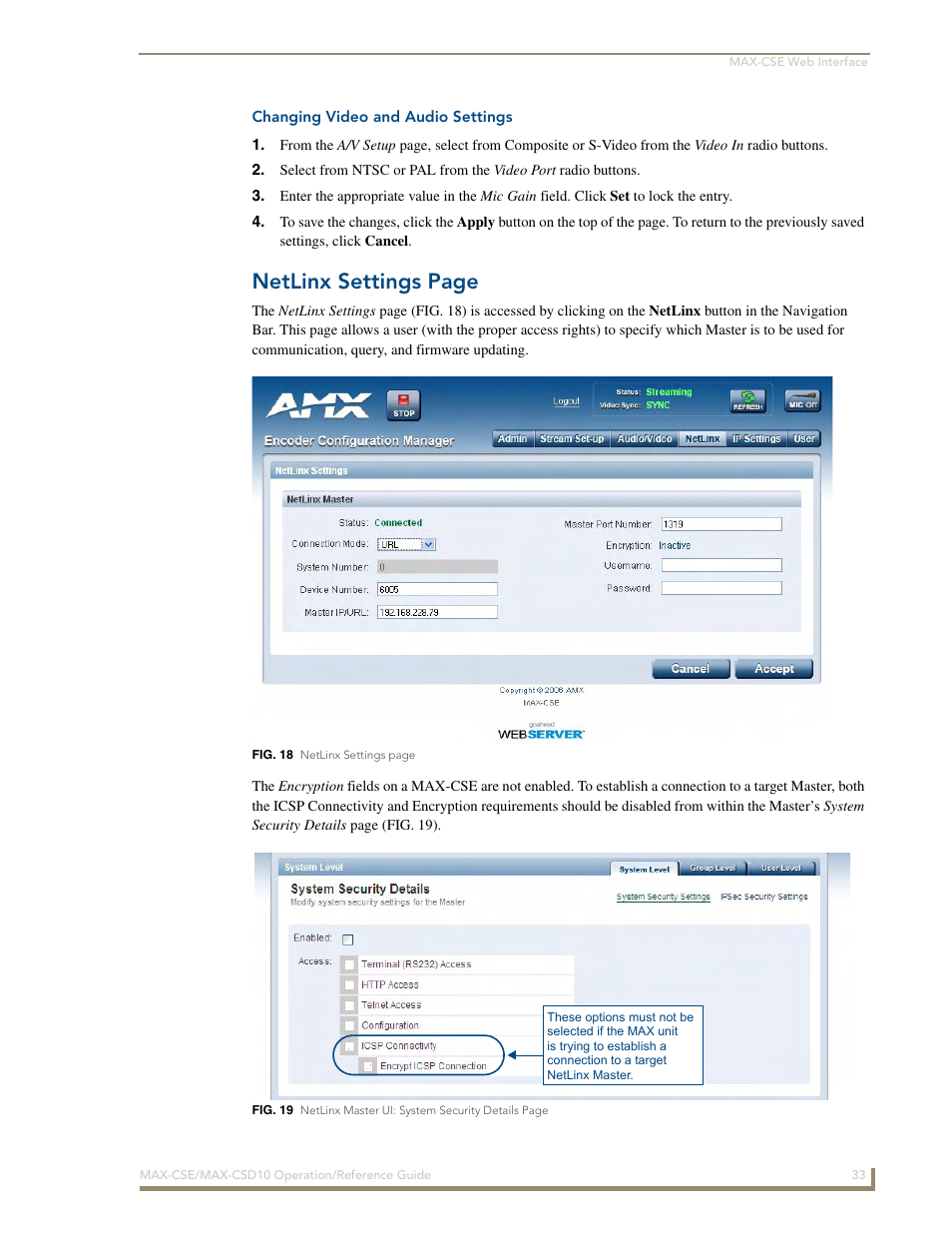 Changing video and audio settings, Netlinx settings page | AMX MAX-CSE User Manual | Page 39 / 110