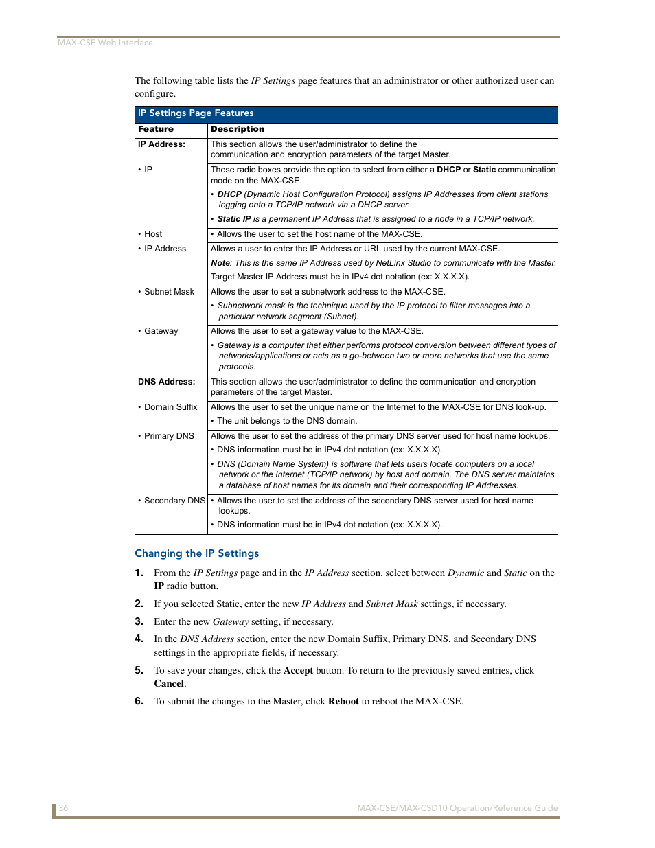 Changing the ip settings | AMX MAX-CSE User Manual | Page 42 / 110