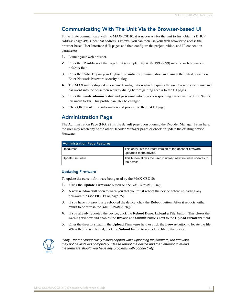 Updating firmware, Administration page | AMX MAX-CSE User Manual | Page 47 / 110