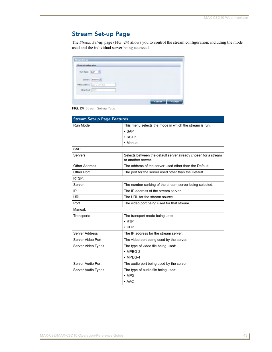 Stream set-up page | AMX MAX-CSE User Manual | Page 49 / 110