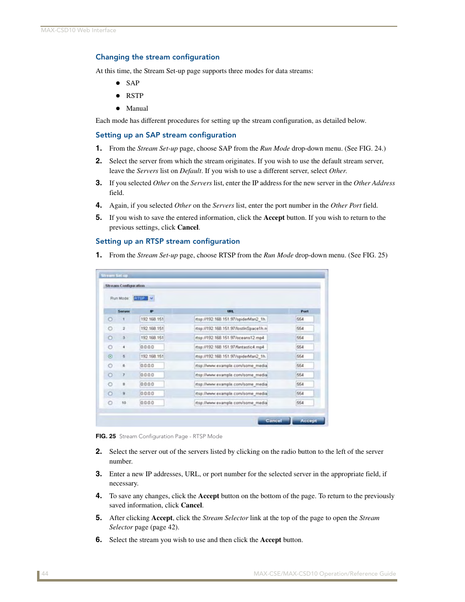 Changing the stream configuration, Setting up an sap stream configuration, Setting up an rtsp stream configuration | AMX MAX-CSE User Manual | Page 50 / 110