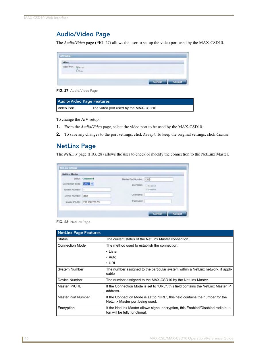 Audio/video page, Netlinx page | AMX MAX-CSE User Manual | Page 52 / 110