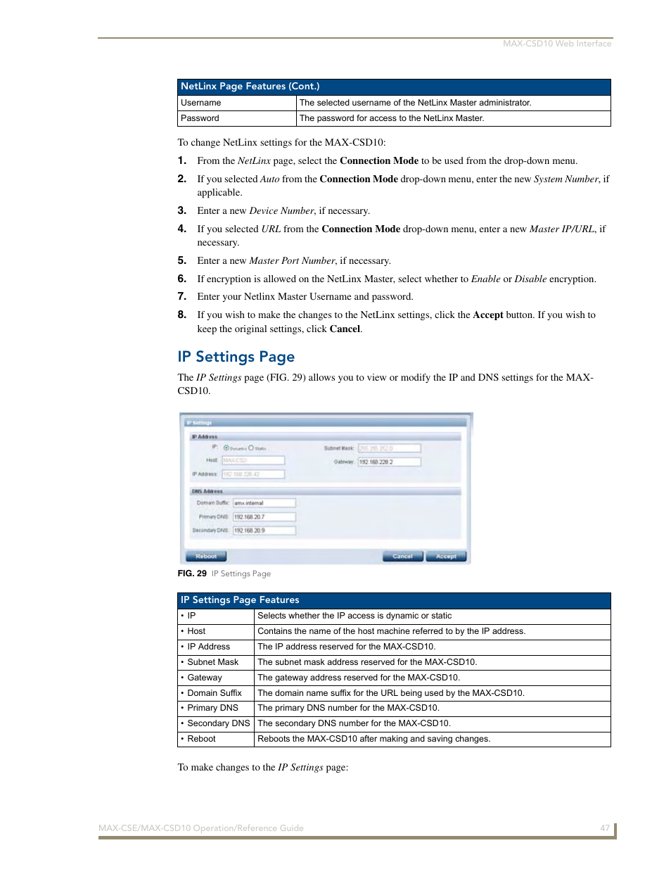 Ip settings page | AMX MAX-CSE User Manual | Page 53 / 110