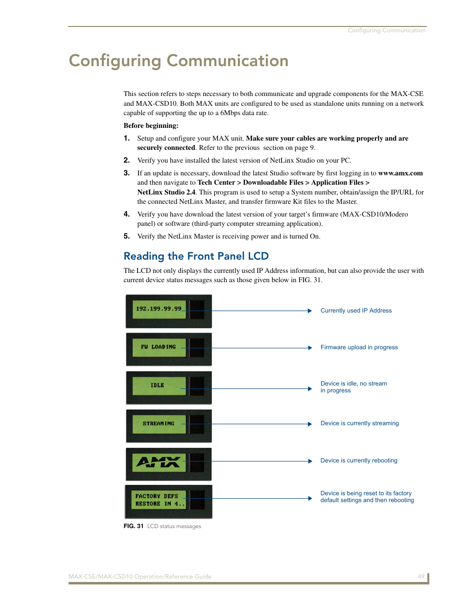 Configuring communication, Reading the front panel lcd | AMX MAX-CSE User Manual | Page 55 / 110