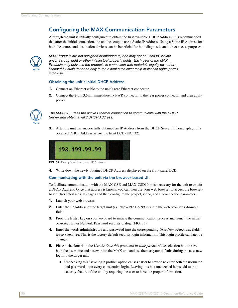 Configuring the max communication parameters, Obtaining the unit’s initial dhcp address | AMX MAX-CSE User Manual | Page 56 / 110