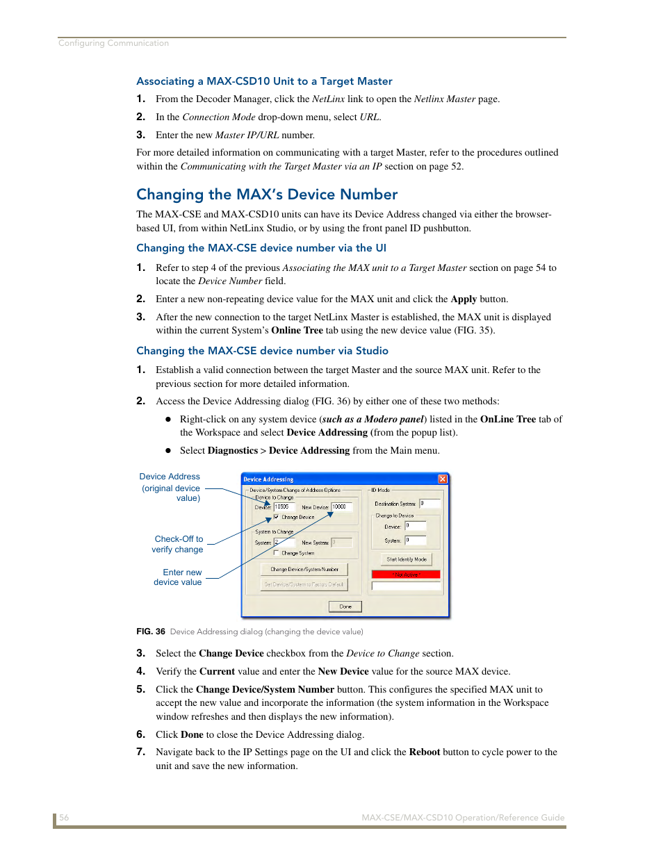 Changing the max’s device number, Changing the max-cse device number via the ui, Changing the max-cse device number via studio | AMX MAX-CSE User Manual | Page 62 / 110