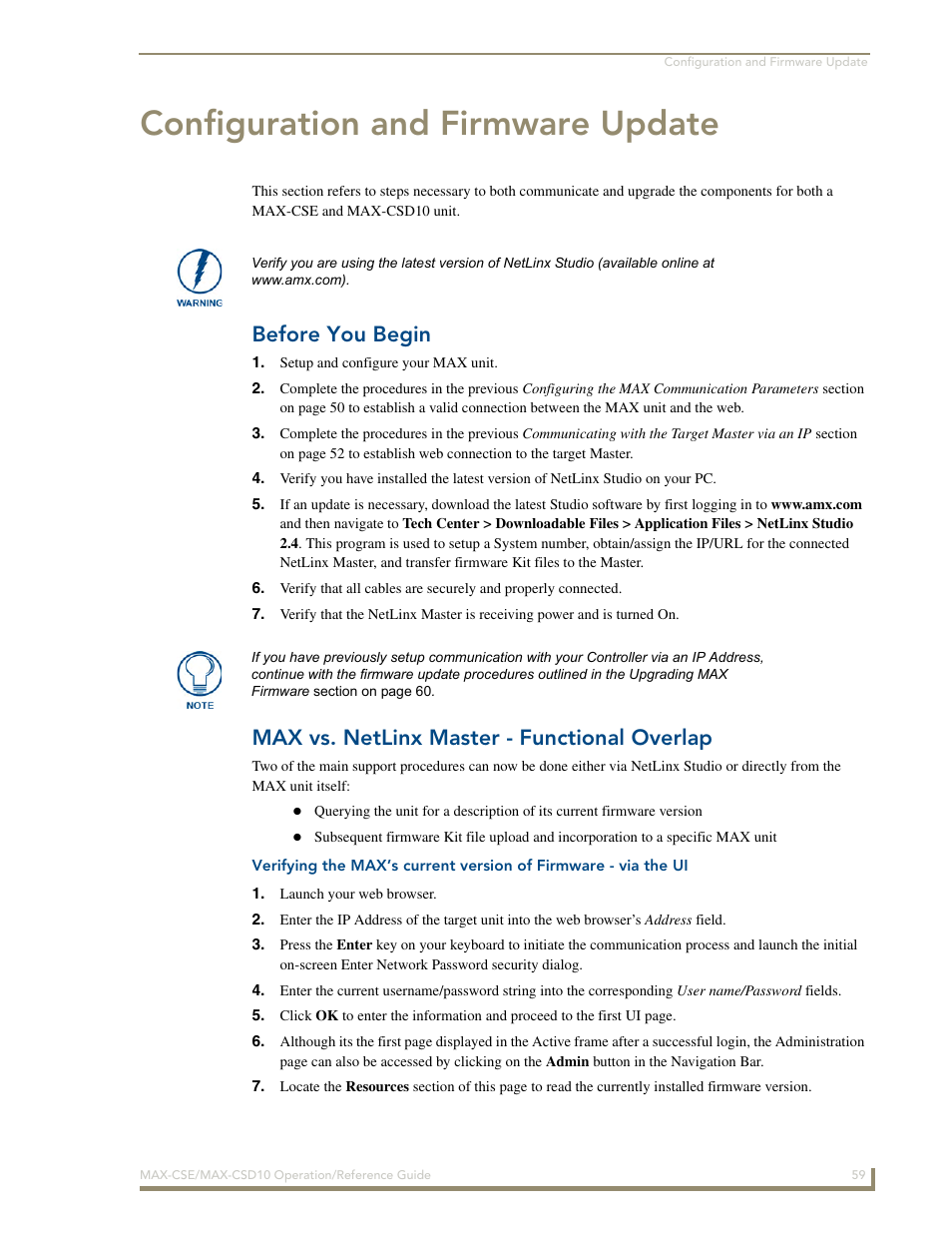 Configuration and firmware update, Before you begin, Max vs. netlinx master - functional overlap | AMX MAX-CSE User Manual | Page 65 / 110