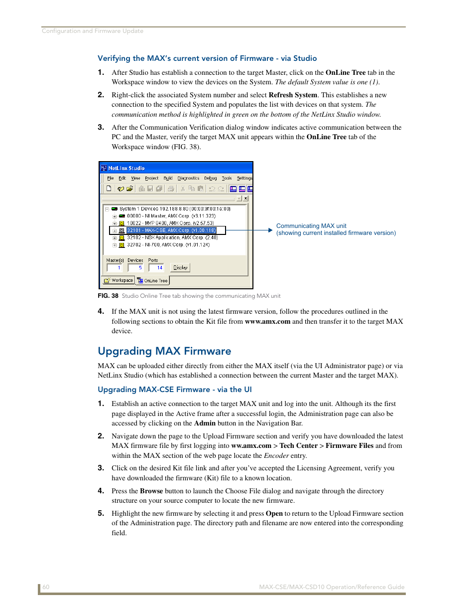 Upgrading max firmware, Upgrading max-cse firmware - via the ui | AMX MAX-CSE User Manual | Page 66 / 110