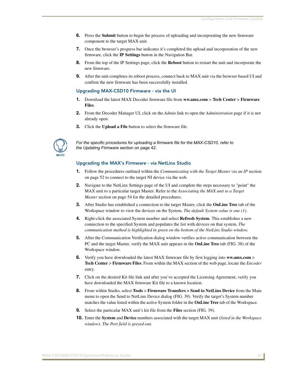 Upgrading max-csd10 firmware - via the ui, Upgrading the max’s firmware - via netlinx studio | AMX MAX-CSE User Manual | Page 67 / 110