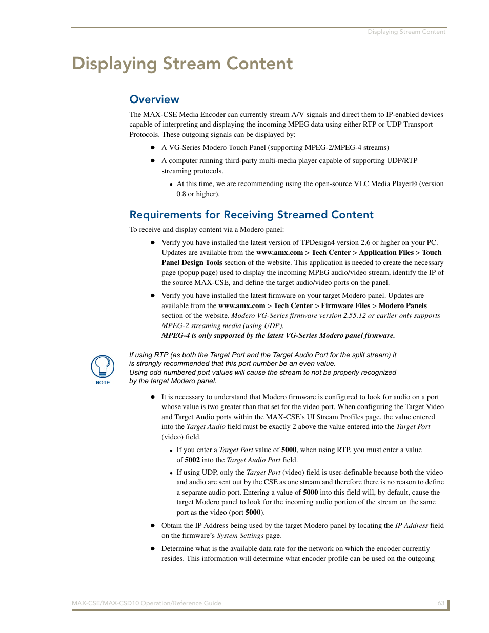 Displaying stream content, Overview, Requirements for receiving streamed content | AMX MAX-CSE User Manual | Page 69 / 110