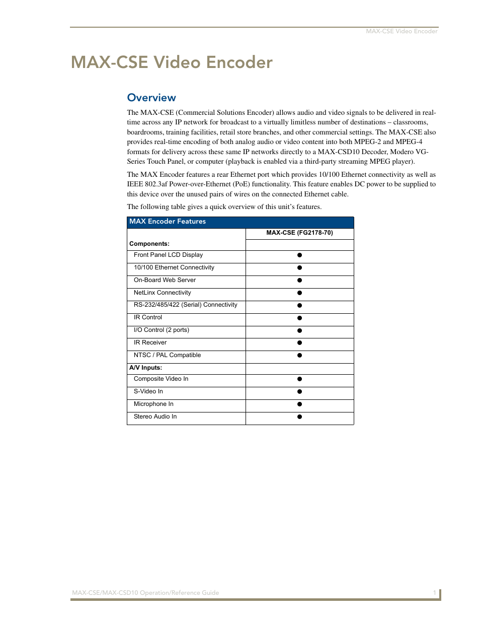 Max-cse video encoder, Overview | AMX MAX-CSE User Manual | Page 7 / 110
