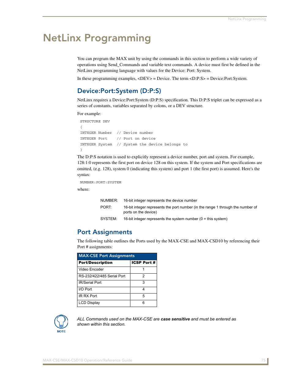 Netlinx programming, Device:port:system (d:p:s), Port assignments | AMX MAX-CSE User Manual | Page 81 / 110