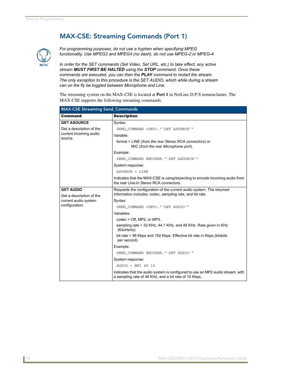 Max-cse: streaming commands (port 1) | AMX MAX-CSE User Manual | Page 82 / 110