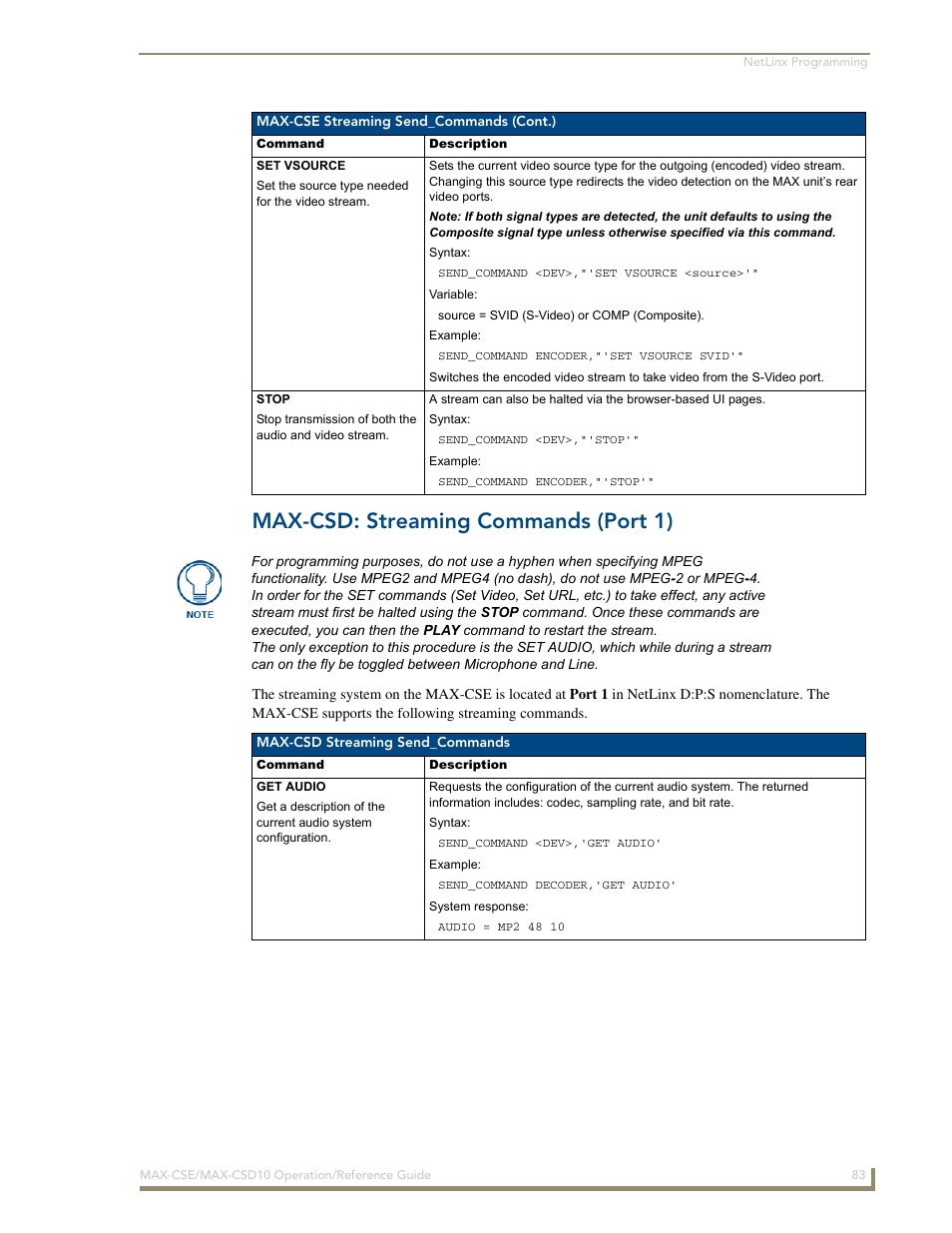 Max-csd: streaming commands (port 1) | AMX MAX-CSE User Manual | Page 89 / 110