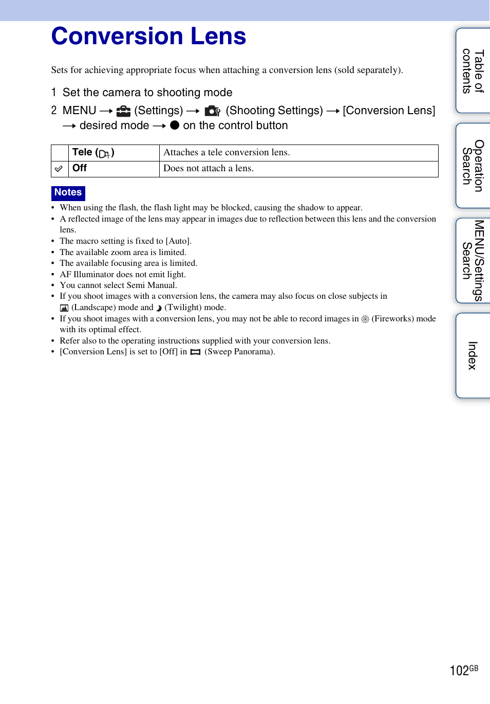 Conversion lens | Sony DSC-HX1 User Manual | Page 102 / 176