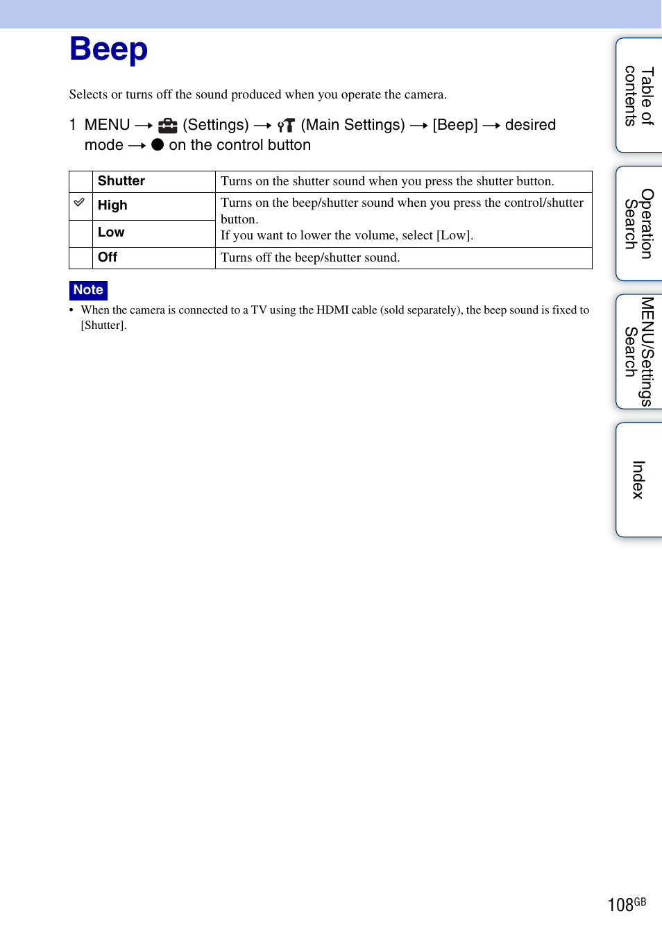 Beep | Sony DSC-HX1 User Manual | Page 108 / 176