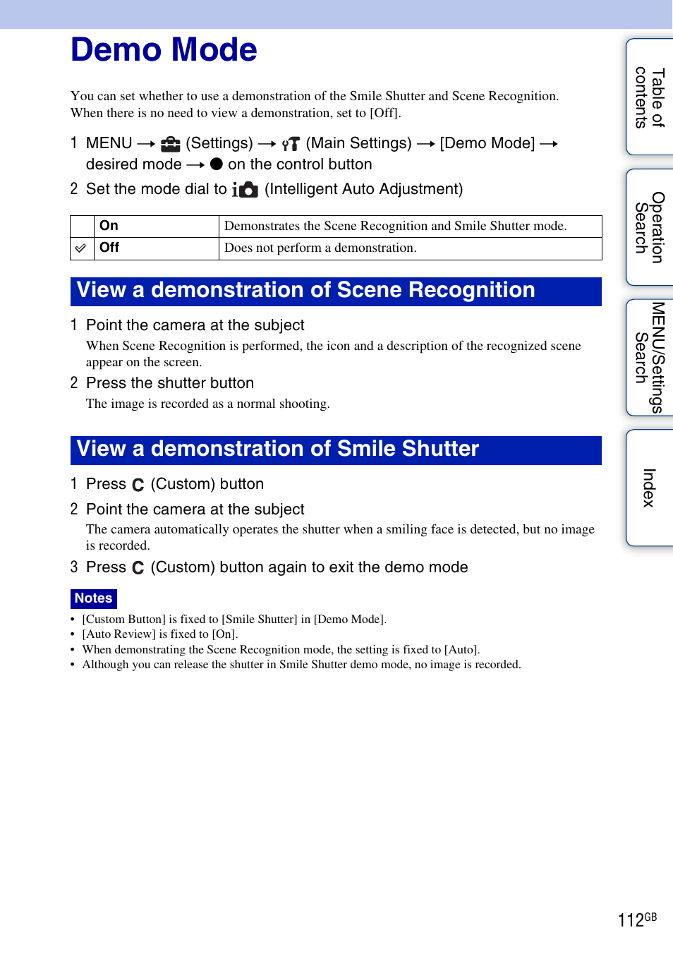 Demo mode | Sony DSC-HX1 User Manual | Page 112 / 176