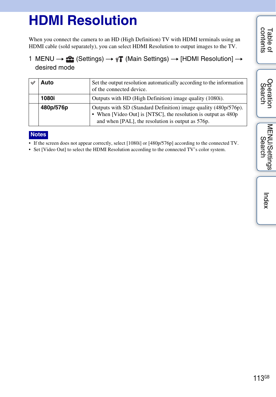 Hdmi resolution | Sony DSC-HX1 User Manual | Page 113 / 176