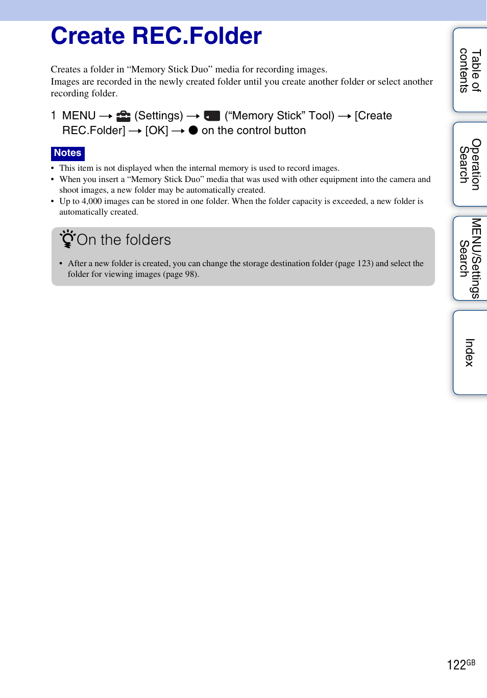 Create rec.folder, On the folders | Sony DSC-HX1 User Manual | Page 122 / 176