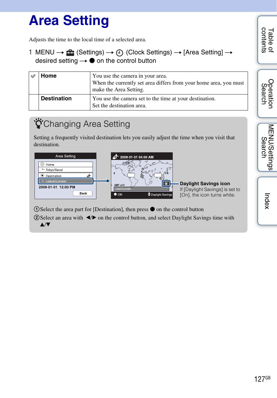 Area setting, Changing area setting | Sony DSC-HX1 User Manual | Page 127 / 176