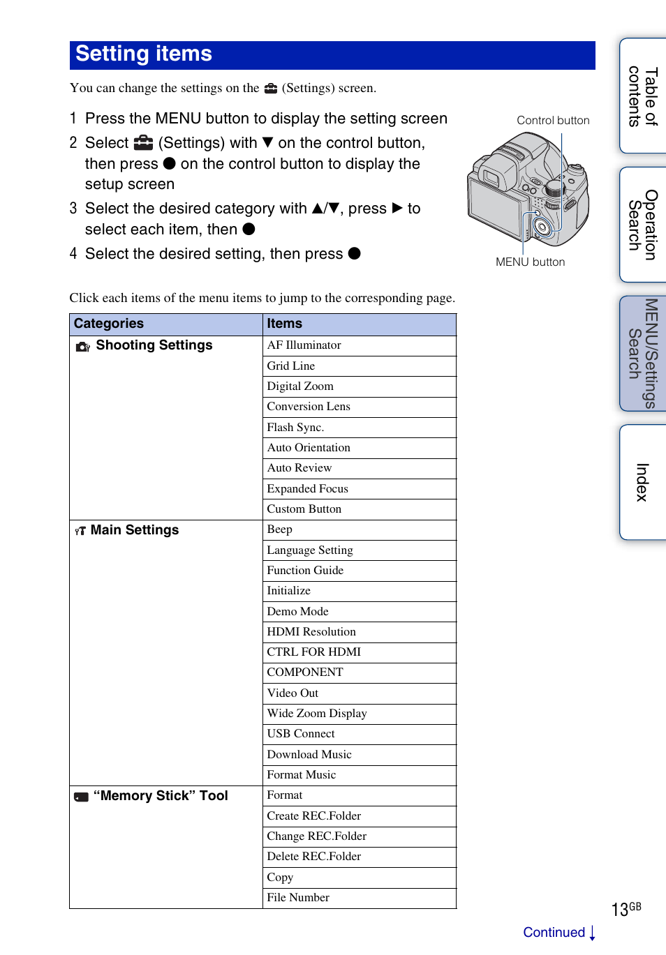 Setting items | Sony DSC-HX1 User Manual | Page 13 / 176