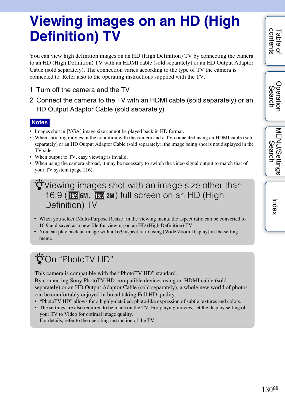 Viewing images on an hd (high definition) tv, On “phototv hd | Sony DSC-HX1 User Manual | Page 130 / 176