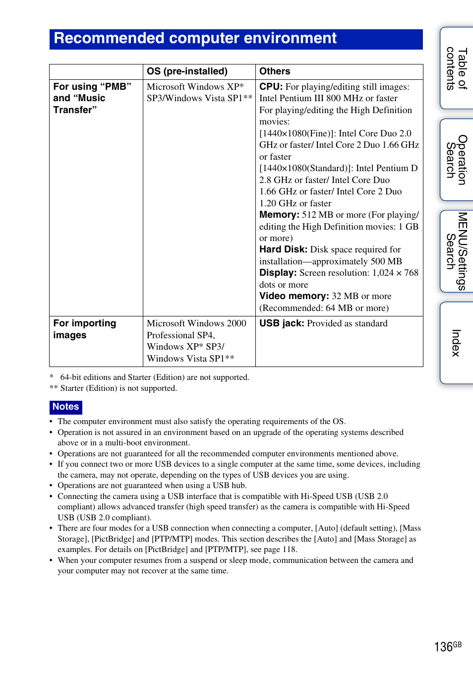 Recommended computer environment | Sony DSC-HX1 User Manual | Page 136 / 176