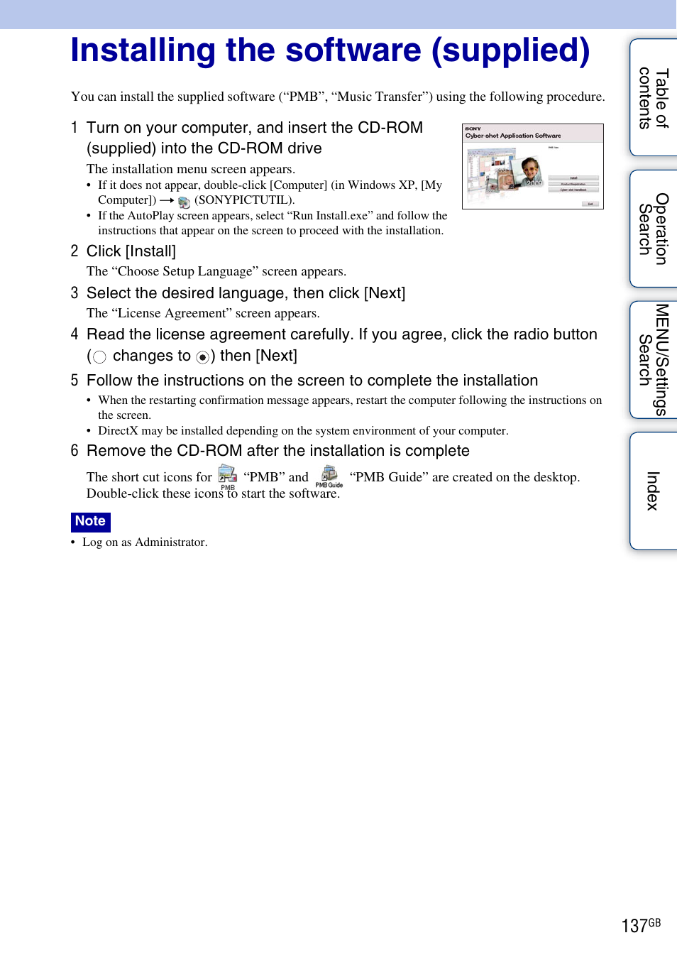 Installing the software (supplied) | Sony DSC-HX1 User Manual | Page 137 / 176