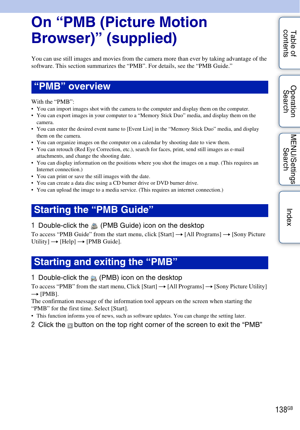 On “pmb (picture motion browser)” (supplied) | Sony DSC-HX1 User Manual | Page 138 / 176