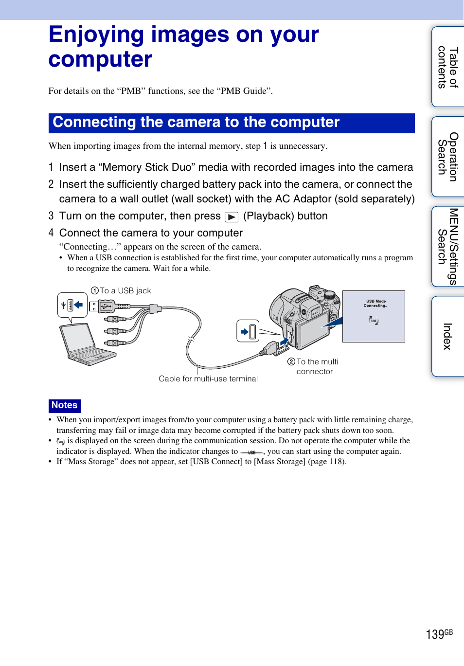 Enjoying images on your computer, Connecting the camera to the computer | Sony DSC-HX1 User Manual | Page 139 / 176