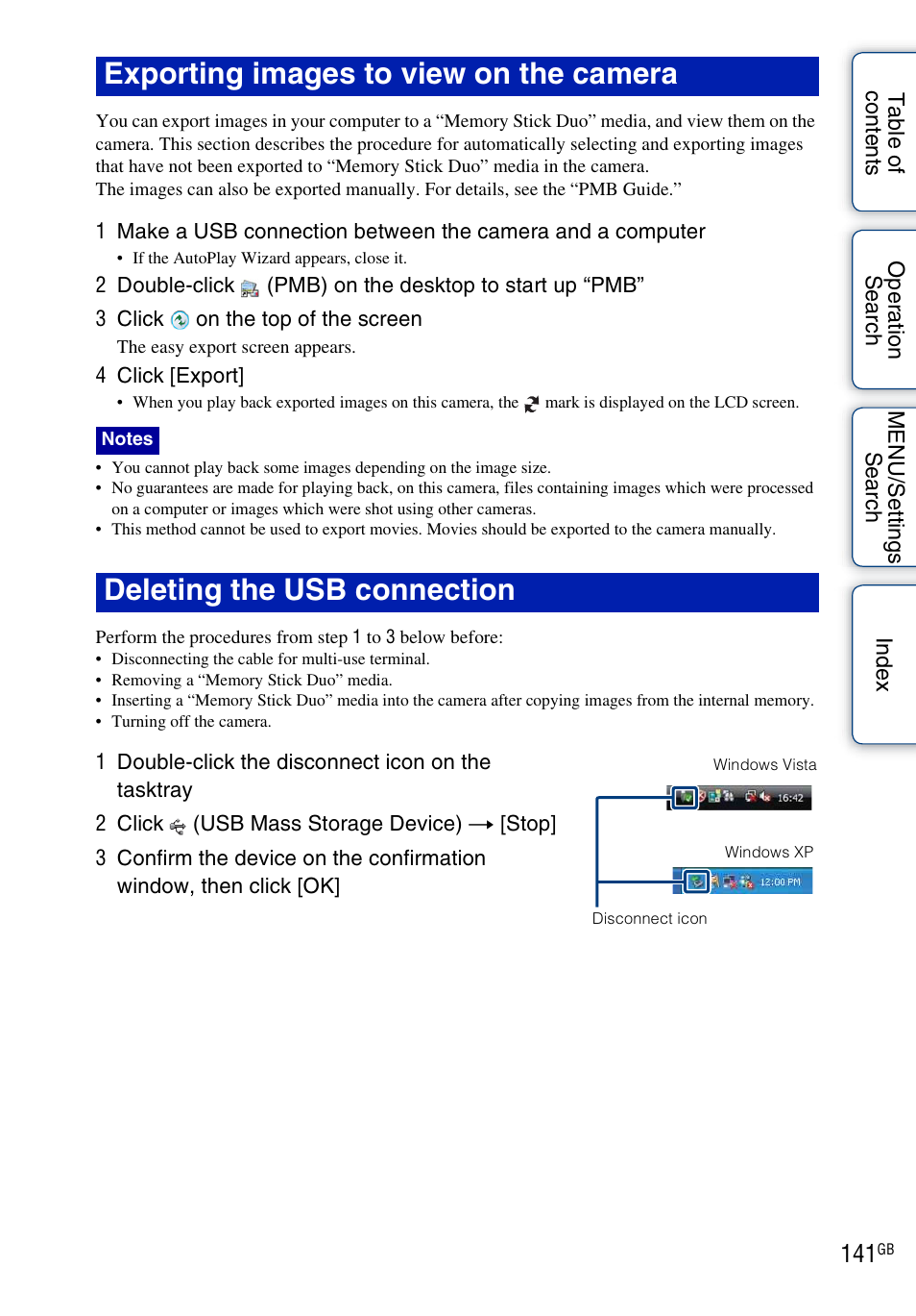 Exporting images to view on the camera, Deleting the usb connection | Sony DSC-HX1 User Manual | Page 141 / 176