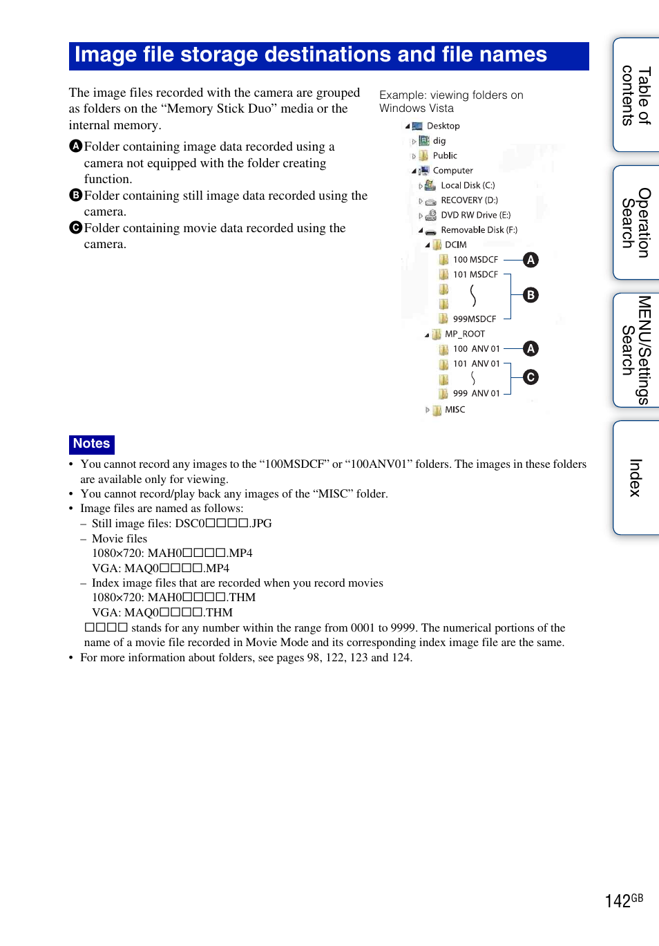 Image file storage destinations and file names | Sony DSC-HX1 User Manual | Page 142 / 176