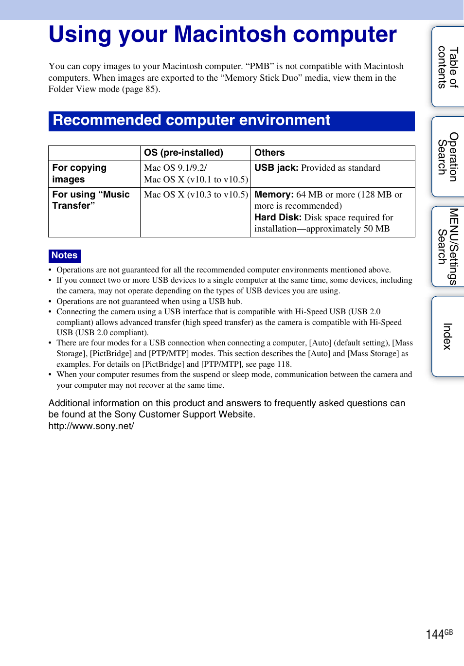 Using your macintosh computer, Recommended computer environment | Sony DSC-HX1 User Manual | Page 144 / 176