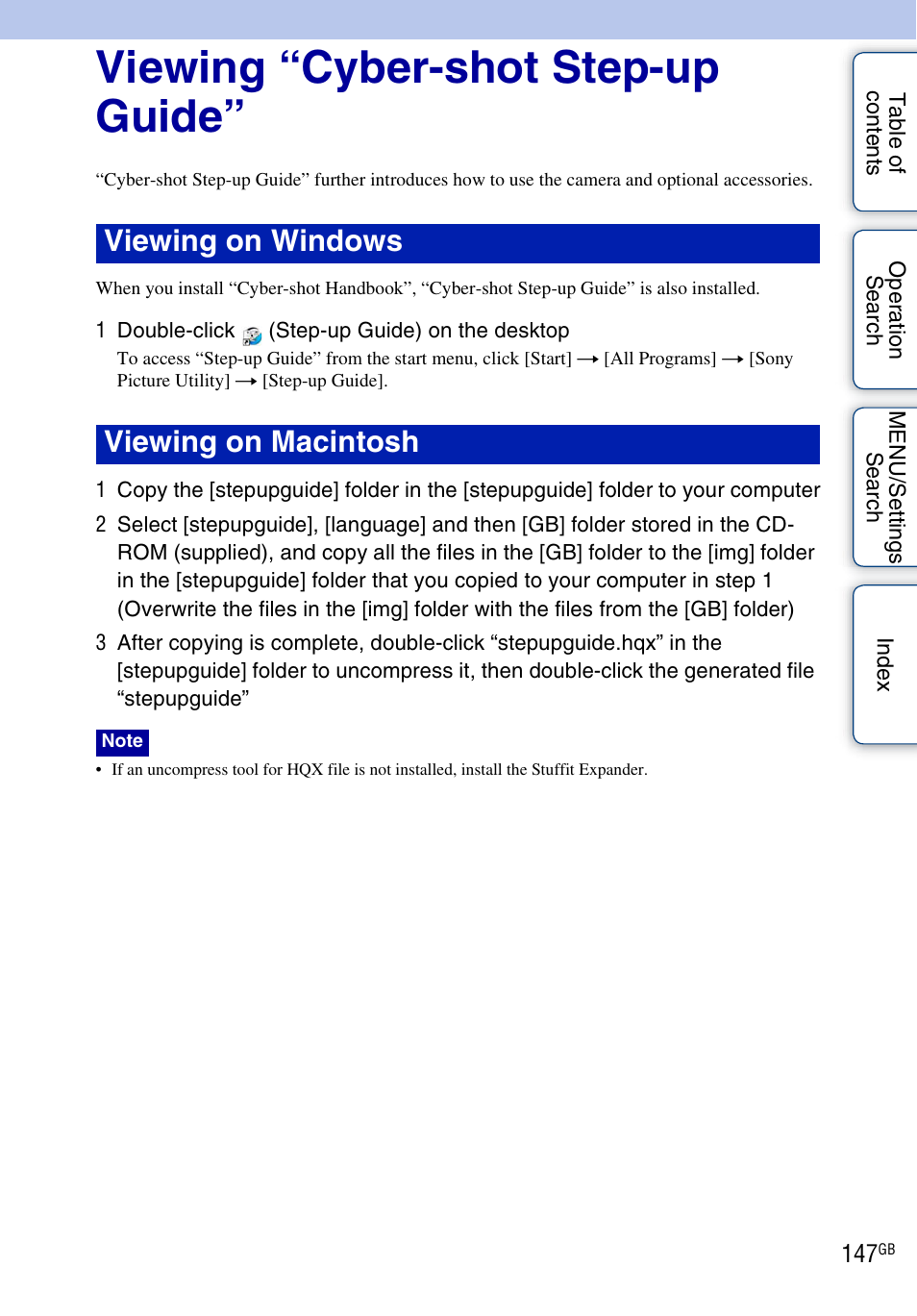 Viewing “cyber-shot step-up guide, Viewing on windows viewing on macintosh | Sony DSC-HX1 User Manual | Page 147 / 176