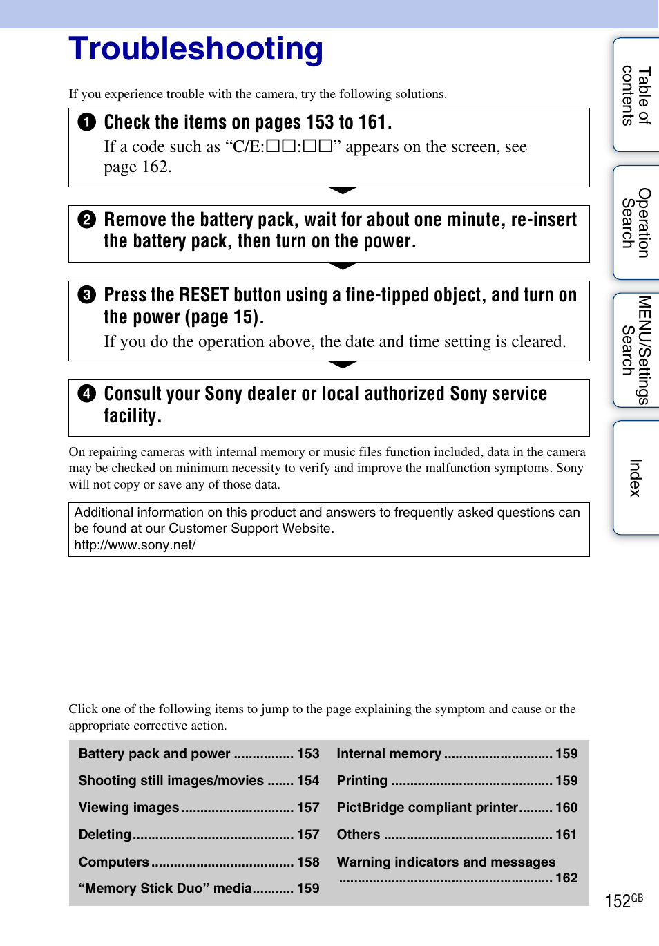 Troubleshooting | Sony DSC-HX1 User Manual | Page 152 / 176