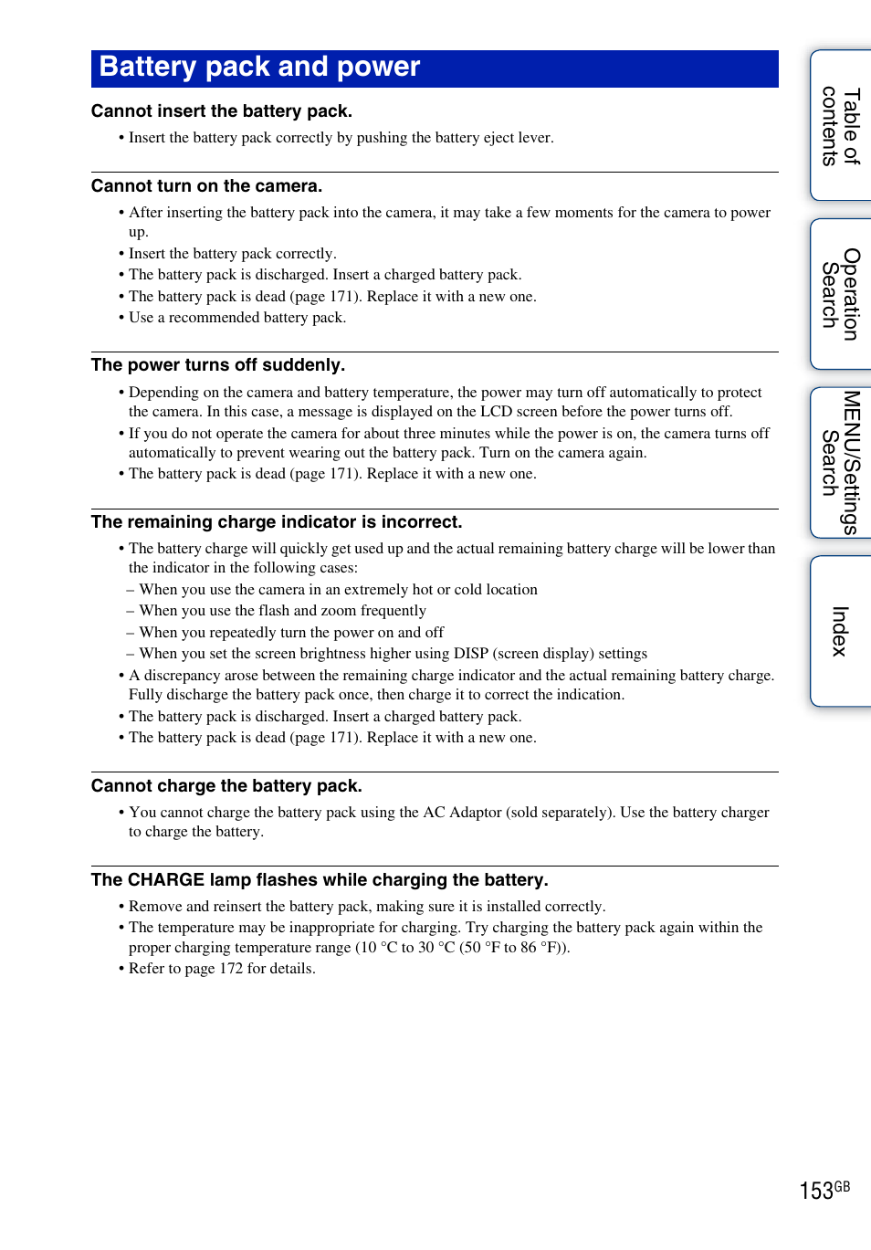 153 t, Battery pack and power | Sony DSC-HX1 User Manual | Page 153 / 176