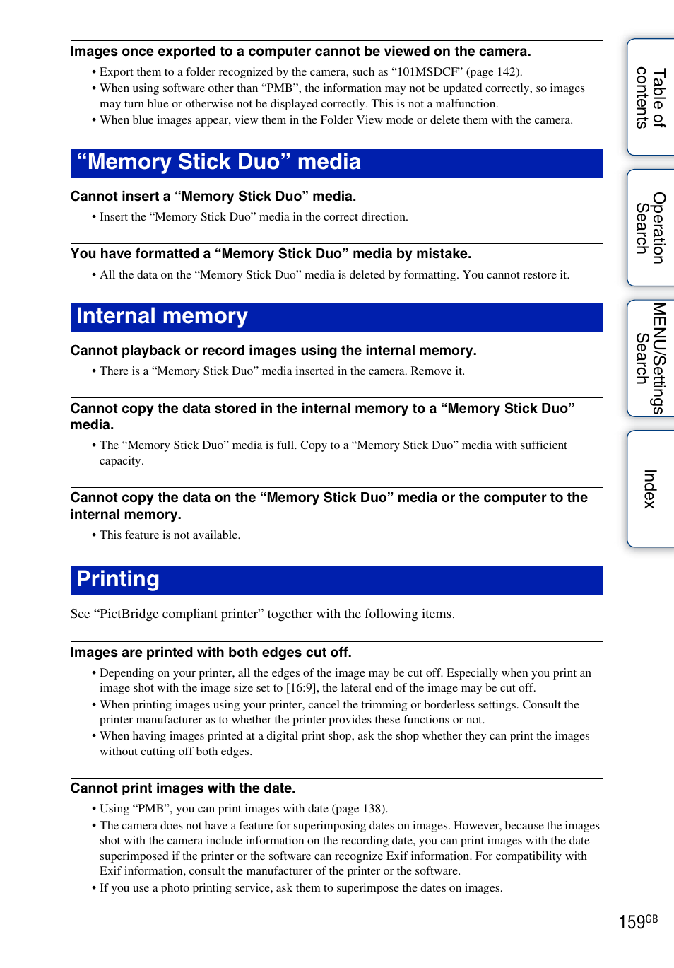 Memory stick duo” media, Internal memory, Printing | Sony DSC-HX1 User Manual | Page 159 / 176