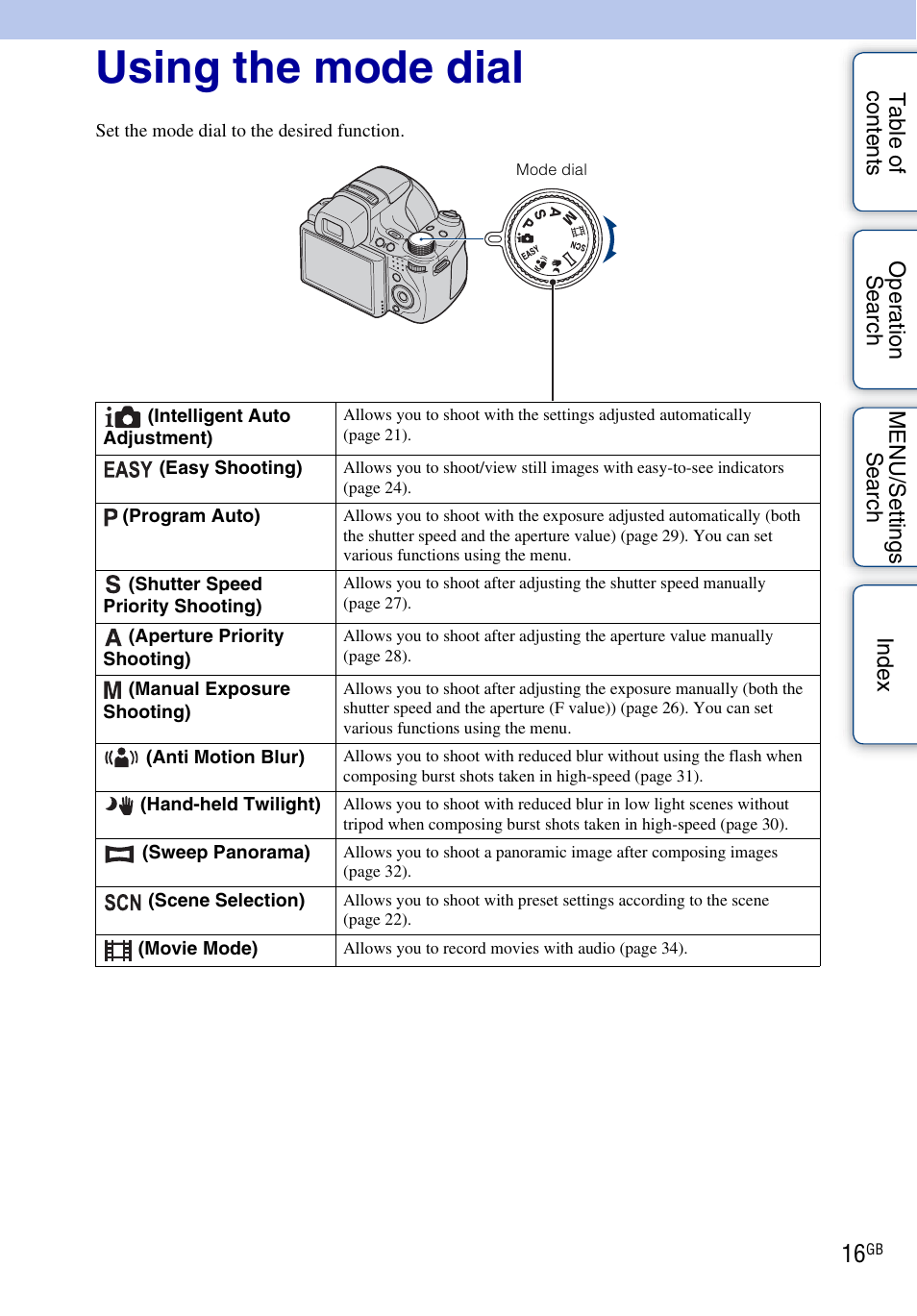 Using the mode dial | Sony DSC-HX1 User Manual | Page 16 / 176