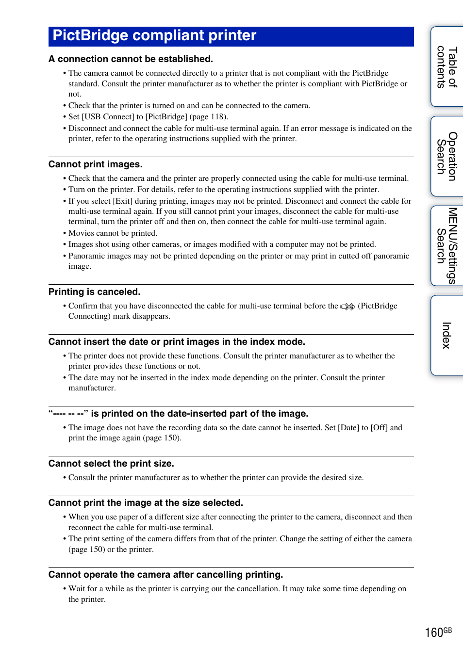 Pictbridge compliant printer, See “pictbridge compliant printer” to | Sony DSC-HX1 User Manual | Page 160 / 176