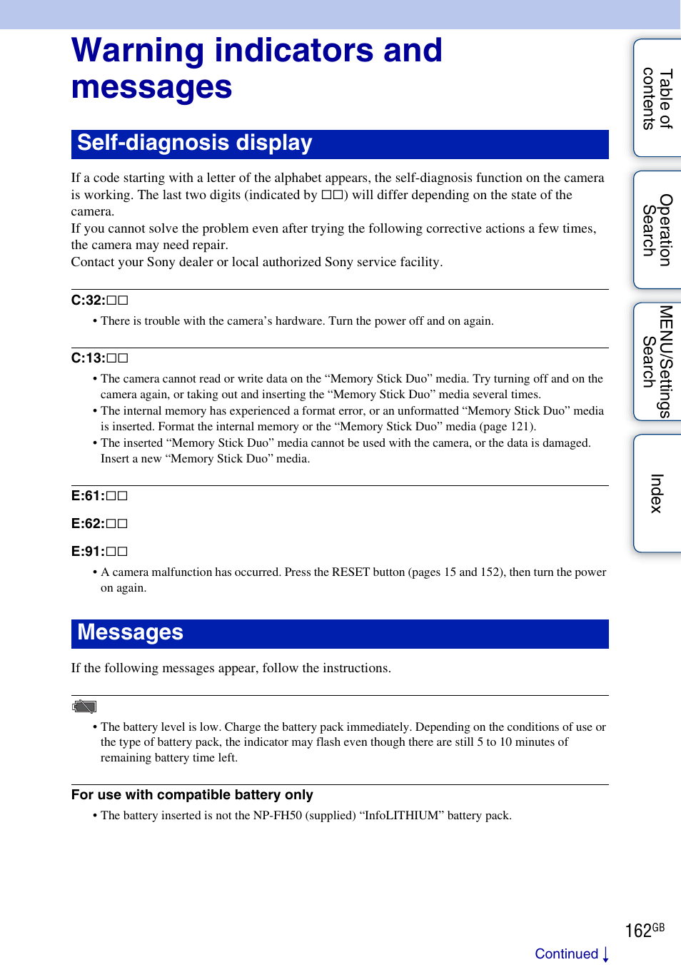 Warning indicators and messages, Self-diagnosis display messages | Sony DSC-HX1 User Manual | Page 162 / 176