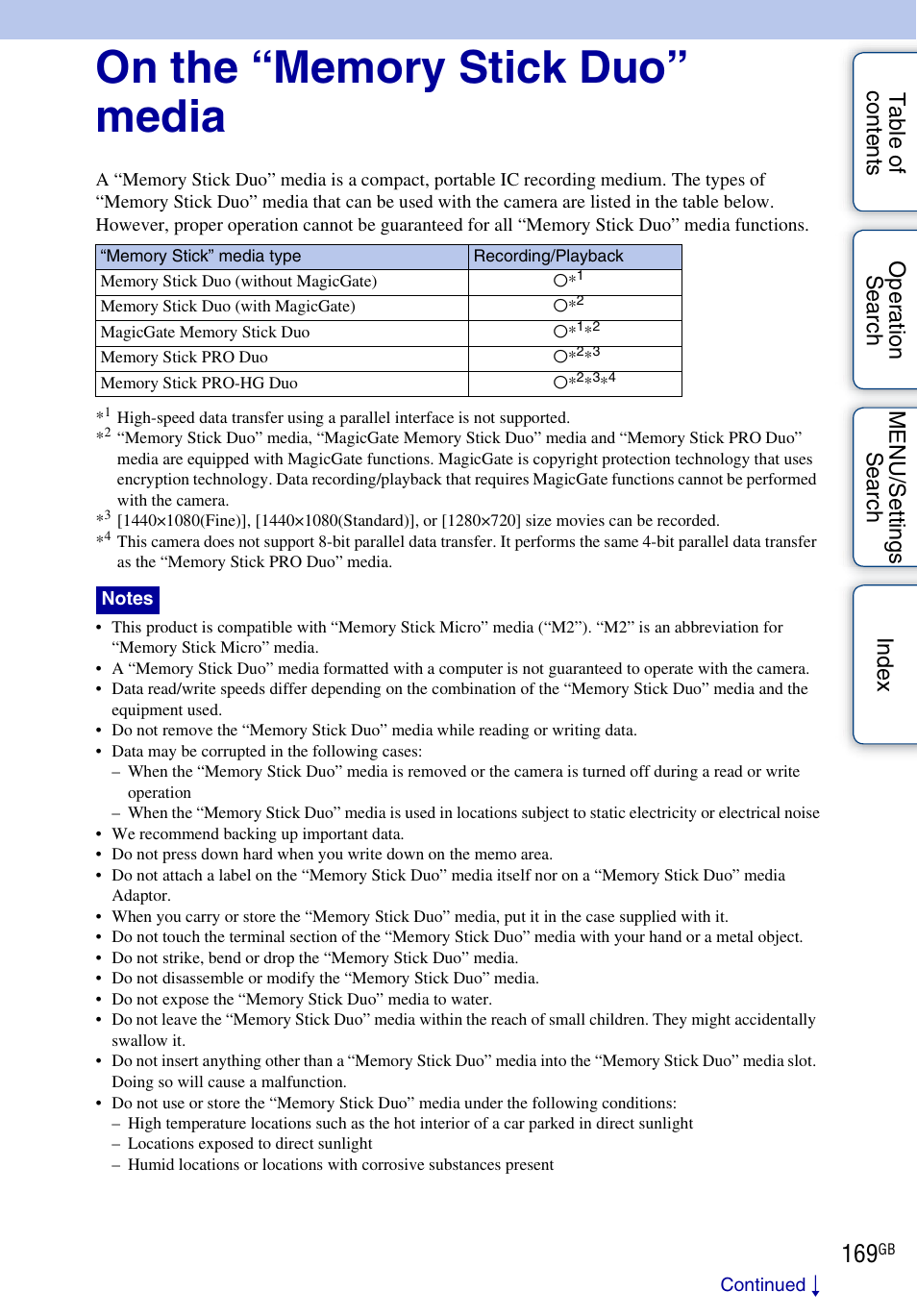 On the “memory stick duo” media | Sony DSC-HX1 User Manual | Page 169 / 176