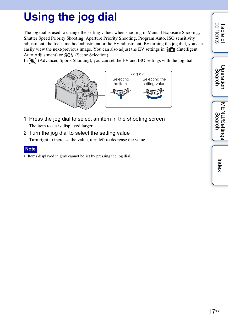 Using the jog dial | Sony DSC-HX1 User Manual | Page 17 / 176