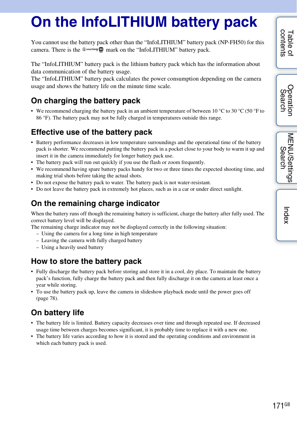 On the infolithium battery pack, On charging the battery pack, Effective use of the battery pack | On the remaining charge indicator, How to store the battery pack, On battery life | Sony DSC-HX1 User Manual | Page 171 / 176