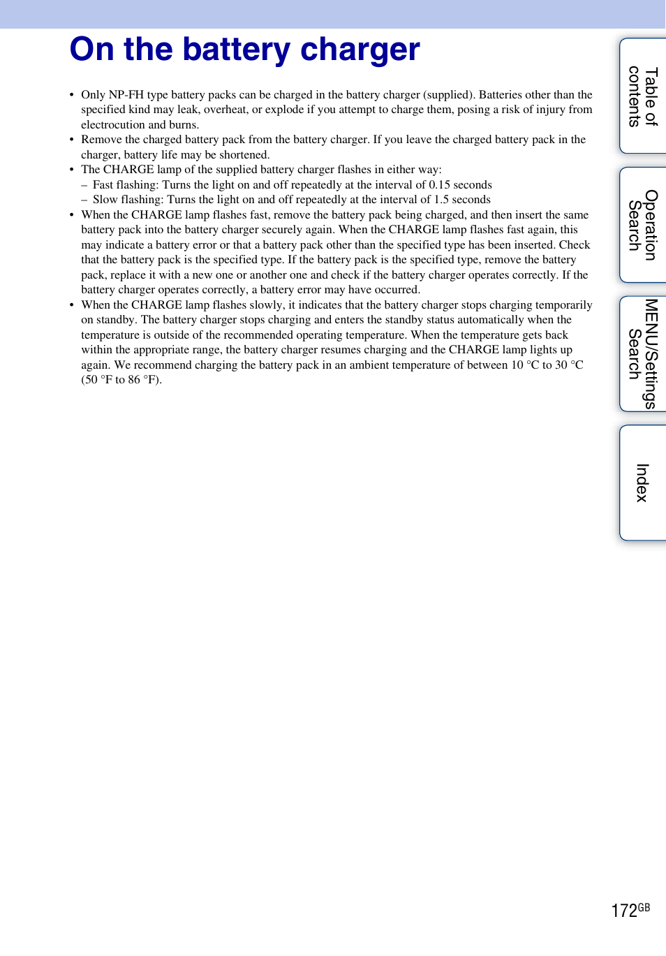 On the battery charger | Sony DSC-HX1 User Manual | Page 172 / 176